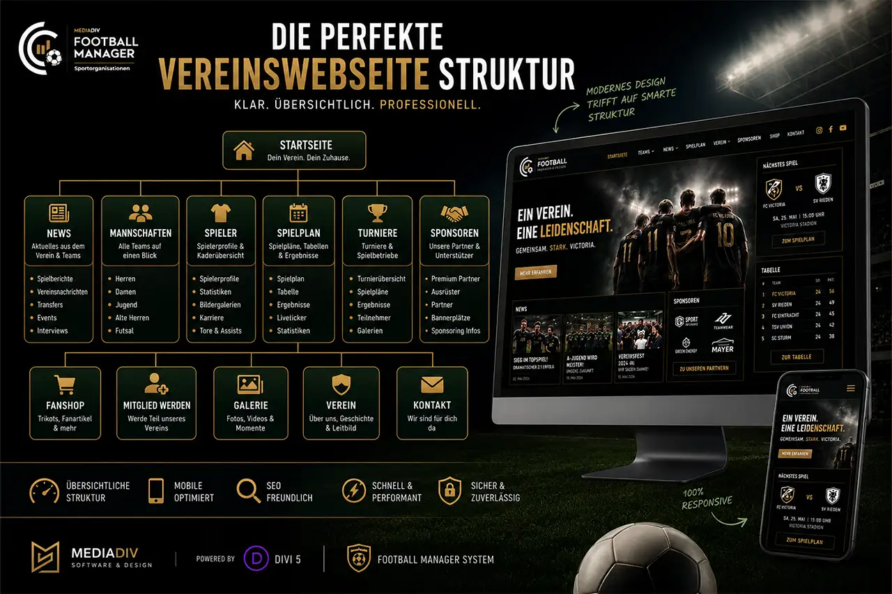 Moderne Vereinswebseite Struktur Die perfekte Struktur einer modernen Fußball Vereinswebseite mit Teams, News, Sponsoren und Spielplan
