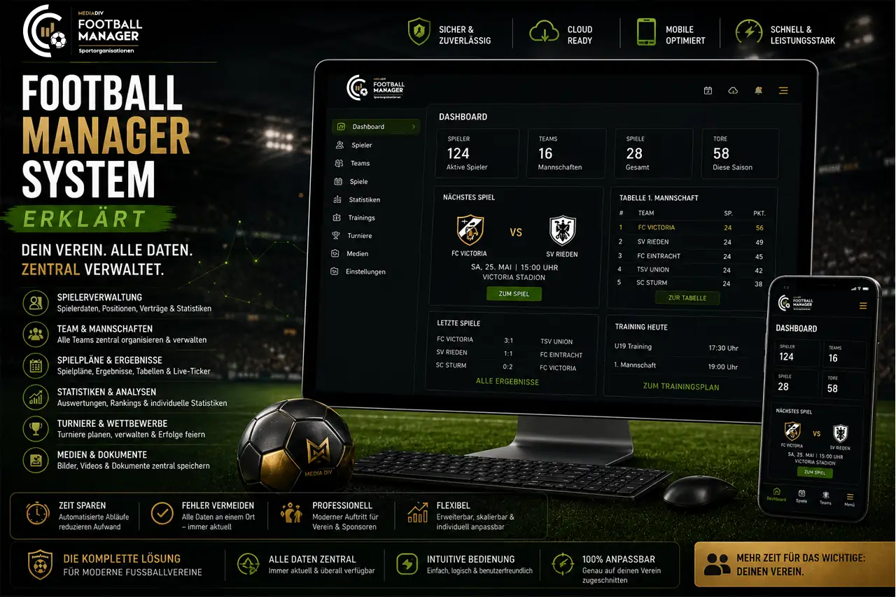 Football Manager System erklärt Modernes Football Manager System für Fußballvereine mit Dashboard, Teams und Statistiken